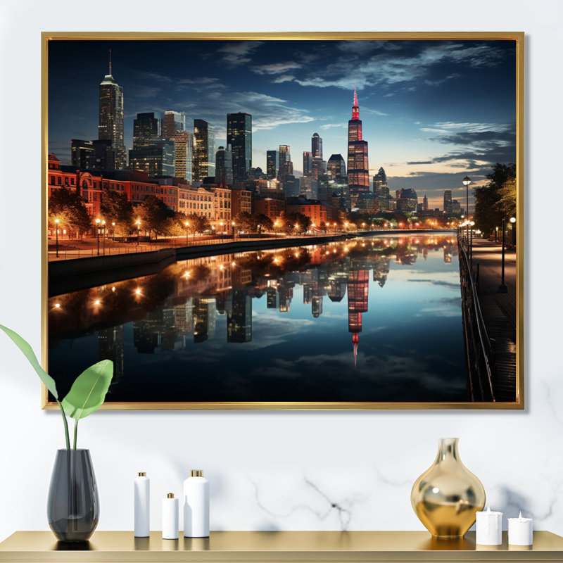 «Chicago Cityscape By Night I», reproduction sur toile, H 16 po x l 32 po x P 1 po, Cadre flottant doré