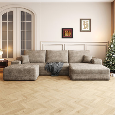 Canapé modulaire 107 po avec 1 repose-pieds Cloud, fauteuils rembourrés minimalistes modernes, canapé en U confortable pour le salon, canapé d'angle à assise profonde, aucun assemblage requis, chameau (tissu en velours côtelé moelleux)