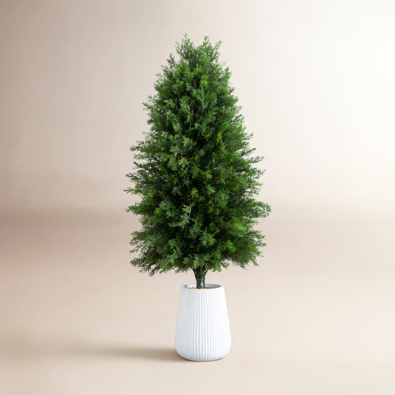 3 pi Cèdre artificiel résistant aux rayons UV dans un pot décoratif blanc (intérieur / extérieur)