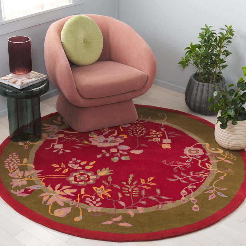 Tapis floral rouge / vert en laine / coton touffeté à la main Shrinivas, Rond 6 pi