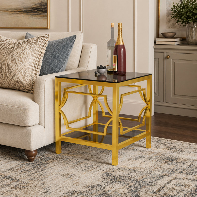 Table d'appoint carrée moderne de 19,7 pouces avec plateau en verre trempé et tablette de rangement, parfaite pour le salon, la chambre à coucher ou les petits espaces