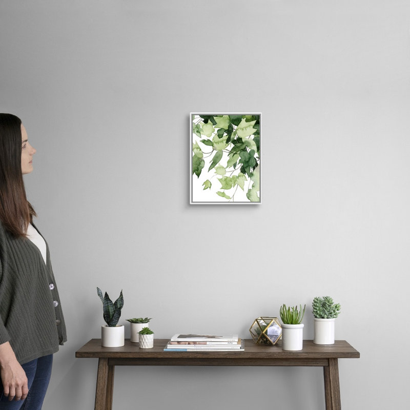 " Emerald Vines II " Watercolor and Acrylic Painting, 16" H x 13" W, White Framed Canvas