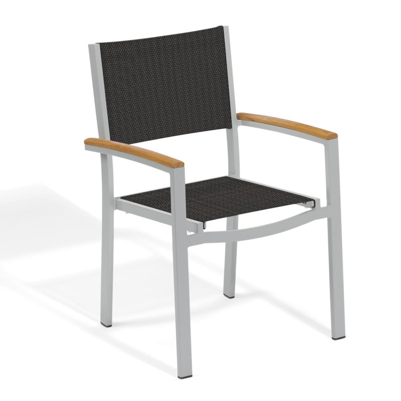 Travira Stacking Patio Arm Chair, Ninja Black Basketweave, Tekwood Natural, Flint
