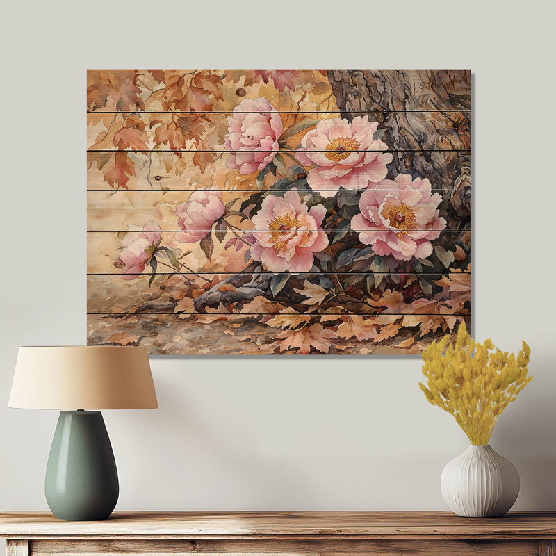 Pivoines par le chêne I - reproduction de bois de pivoines - sur bois de pin naturel, H 10 po x l 20 po