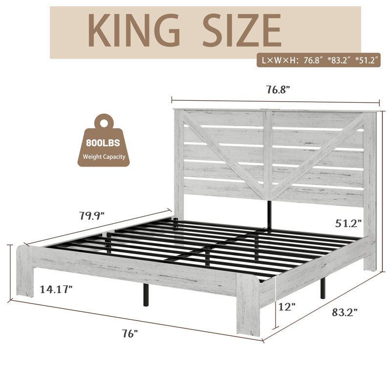 Base de lit plateforme en bois avec tête de lit, Blanc, Très grand