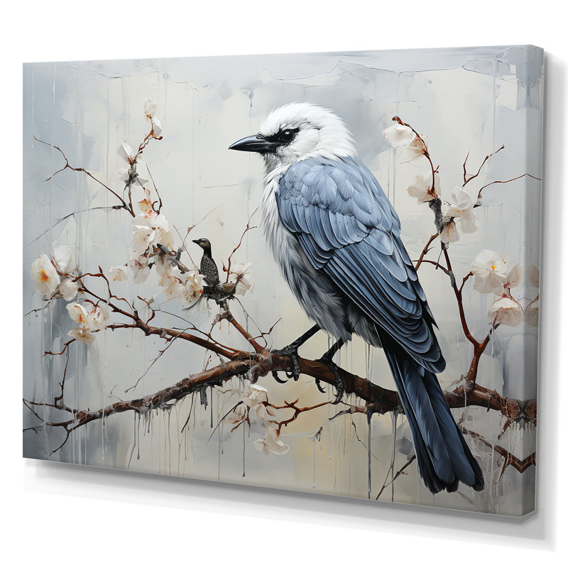 «Misty Blueray Bird on Branch», reproduction d'art sur toile, Toile tendue, H 30 po x l 40 po x P 1,5 po