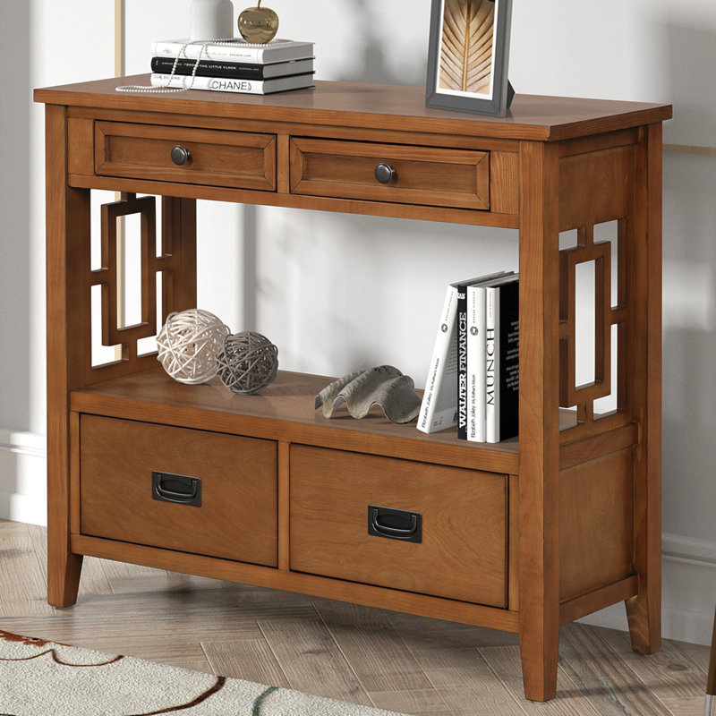 Console Tevrat Vintage | 4 tiroirs et tablette ouverte | Bois de pin massif et panneau de fibres à densité moyenne | Style classique avec rangement spacieux | Table de salon / canapé d'entrée