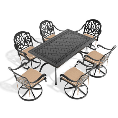 Table et chaises toutes saisons 7: 6 chaises pivotantes et salle à manger rectangulaire en aluminium - noire avec cadre