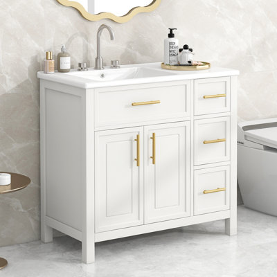 Solid Wood Bathroom Vanity With Sink, Two Doors, Three Drawers, MDF Boards