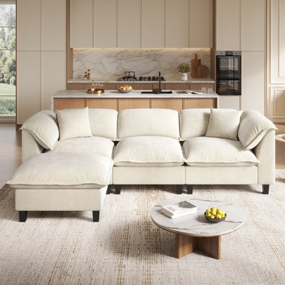  Modular Sectional Sofa With Movable Ottoman, L-Shaped Couch With Removable Washable Cushion Covers, 9.8" Extra-Thick Cushions, Tool-Free Easy Assembly, Padded Armrests For Living Room, Beige
