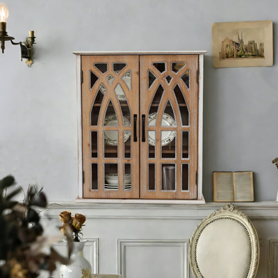 Armoire murale rétro avec portes découpées décoratives, armoire de rangement suspendue en bois rustique pour salle de bain, salon, chambre à coucher, style maison de campagne (bois naturel)