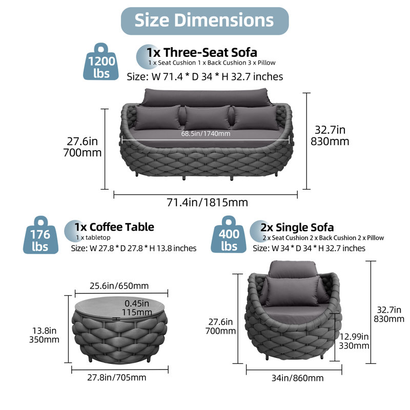 Ensemble de conversation intérieure / extérieure en corde de polyester doux pour 5 personnes et 4 bistro, Non, Gris foncé