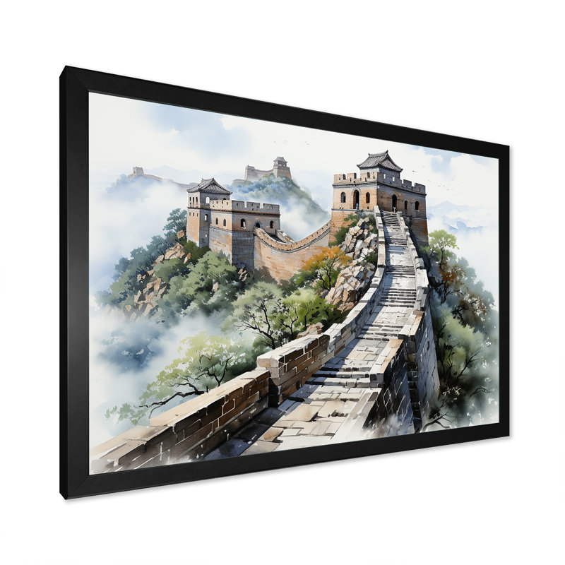 Grande muraille de Chine, sérénité 5 - Art mural Chine, Cadre d'angle fermé noir, H 16 po x l 32 po x P 1 po