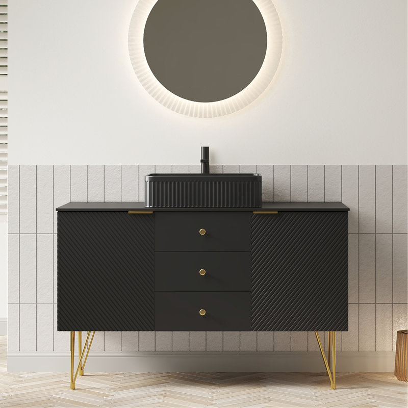 Meuble-lavabo de 48 po, lavabo en céramique noire, rangement autoportant en contreplaqué or, 3 tiroirs, 2 portes, surface en pierre frittée, meuble-lavabo à pieds pré-assemblé de 48 po