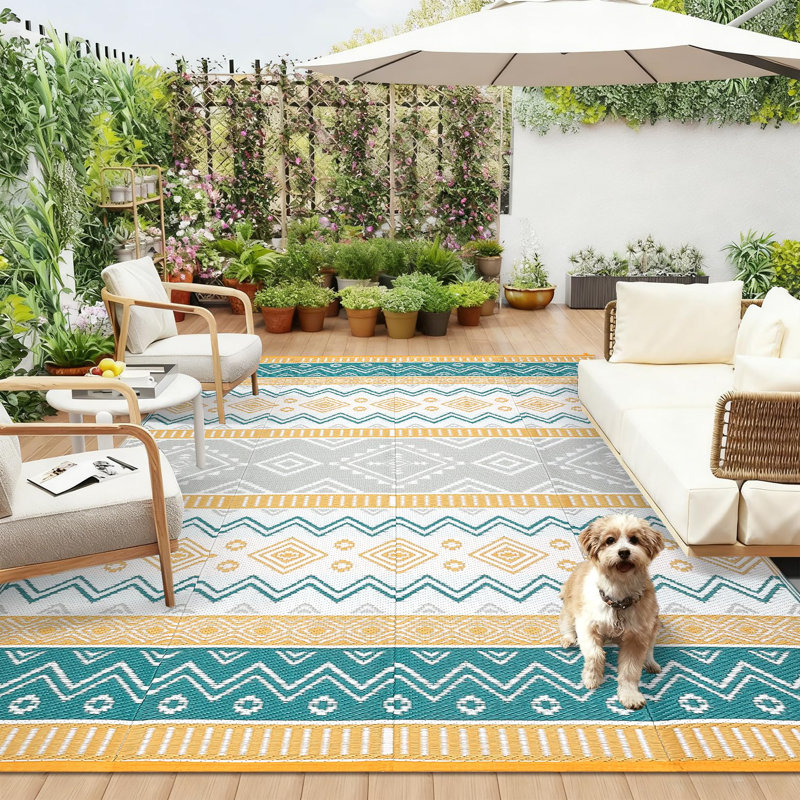 Black and White Geometric Outdoor Area Rug 10x14ft – Washable, Waterproof, UV Resistant Patio Carpet, Easy Clean, Lightweight – USA Specification