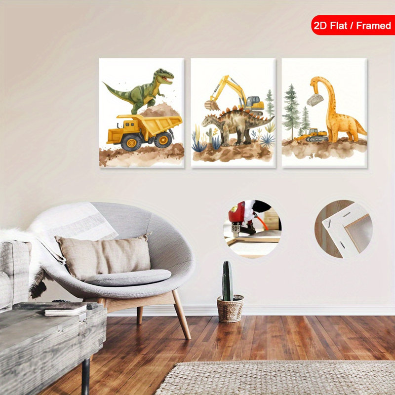 «Dinosaur & Construction Truck», reproduction sur toile 3 pièces pour décor de chambre d'enfant, 36 * 24 pouces 3 pièces