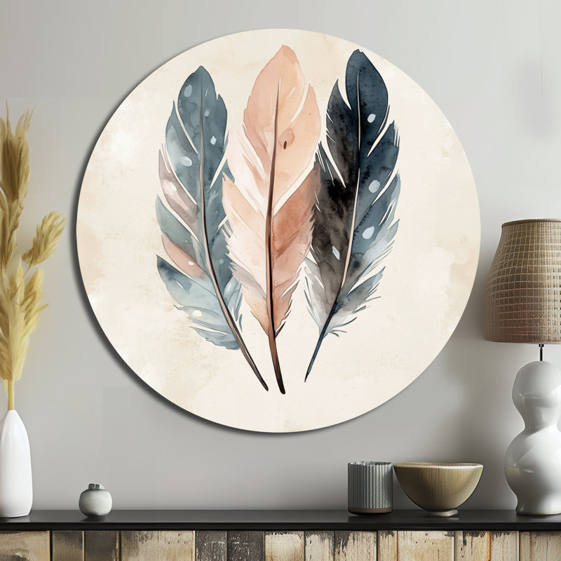 «Free Spirit Feathers - Boho Feather», art mural rond en métal, L 23 po x H 23 po