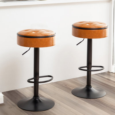 Round Storage Bar Stool Set Of 2, Faux Leather Height Adjustable Barstool, 360°Counter Height Swivel Stool, Armless Bar Chair With Metal Frame For Kit -  Latitude Run®, 9E3BD18159F34AD4A85DAD7D4D320494