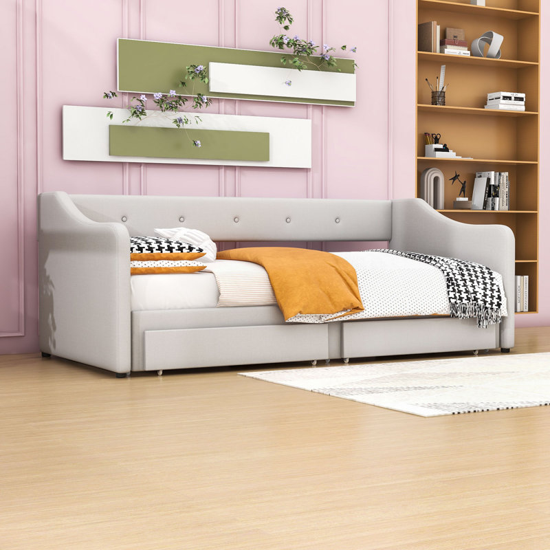 Lit de jour rembourré extensible simple TG avec très grand lit avec tiroirs de rangement, Beige