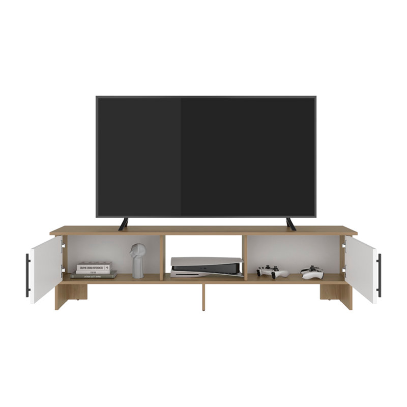 Meuble télé 65 po Noe Velmora - Console de télévision moderne avec tablettes de rangement ouvertes, Beige, beige et blanc