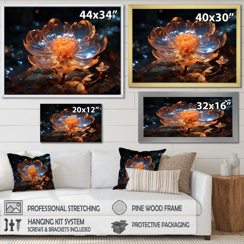 Fleurs de cristal orange III sur toile, H 30 po x l 40 po x P 1 po, Cadre photo noir