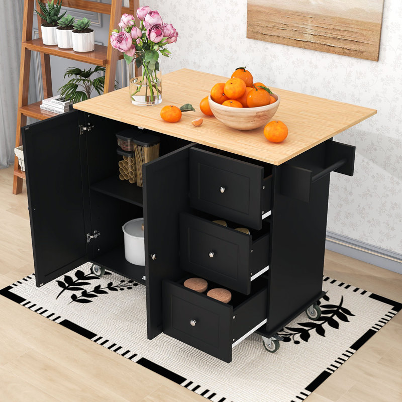 Draden 3 Drawers Rolling Mobile Kitchen Island With Wood Top, Black