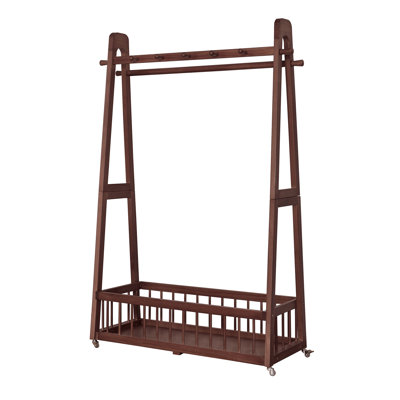 Solid Wood Mobile Garment Rack with Lockable Wheels, Freestanding Clothes Hanger Stand with Multi-Hook Rod & Large Bottom Storage Basket for Bedroom Closet，23.62"×16.34"×63.78"