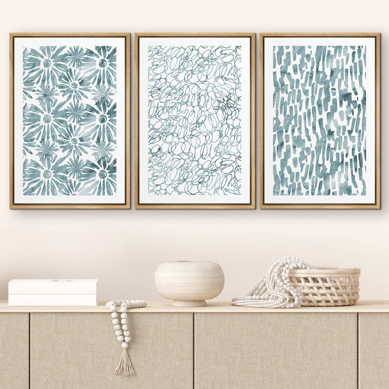 Linear Geometry " Teal Watercolor Floral Polygon Abstract Shapes Geometric " 3 - Pieces, Naturel