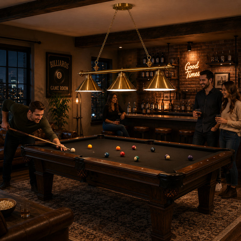 Bowdon 3 - Light Pool Table Linear Pendant By RAM Game Room, Antique Brass