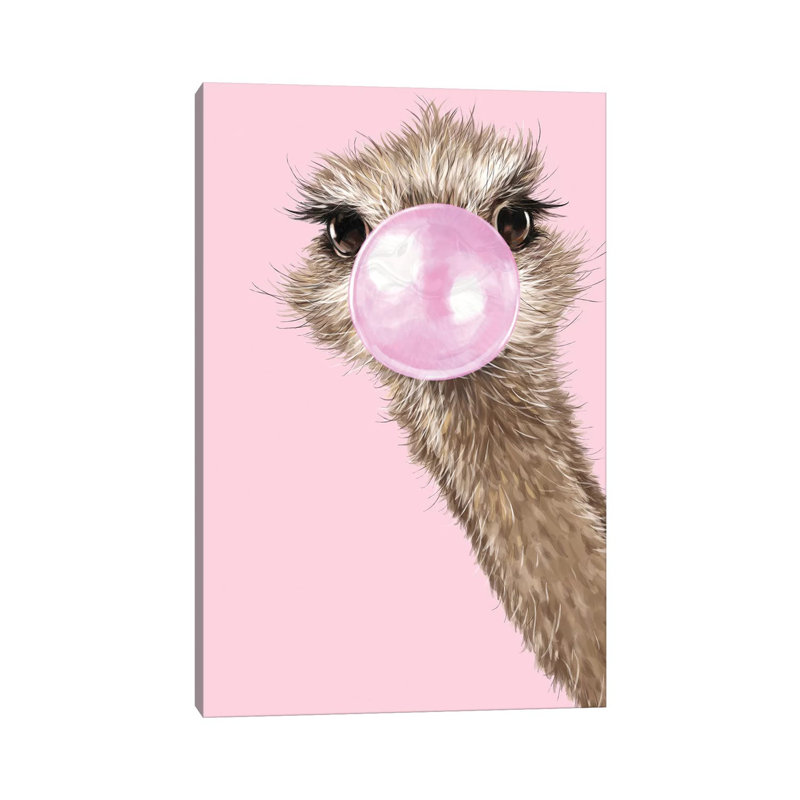 Ostrich With Bubble Gum In Pink by Big Nose Work - Wrapped Canvas Print, 30.48 cm H x 45.72 cm W