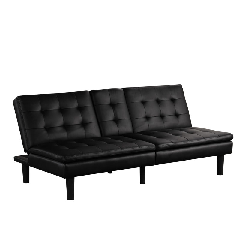 Futon contemporain noir avec capitonnage biscuit, - chargeurs de climatiseur, porte-gobelets et table rabattable, conversion facile au lit, profondeur 2, siège de l 35,5 po x l 71,5 po x H 32 po