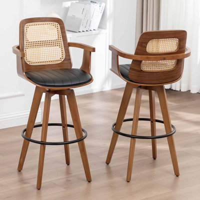 Clero Swivel Faux Leather Counter Stools With Rattan Back