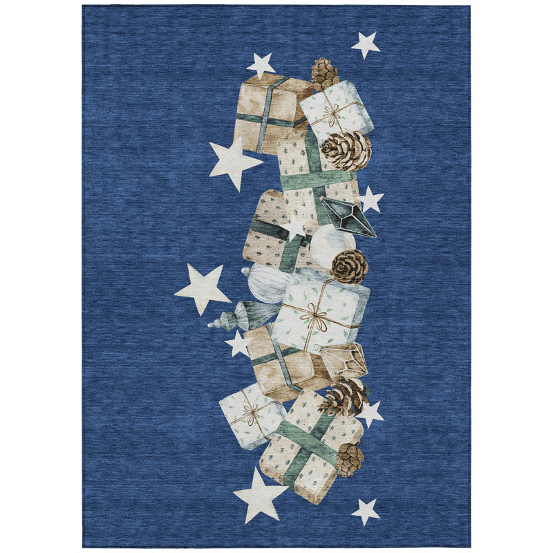 Machine Washable Indoor/Outdoor Christmas Presents Xhevrie Navy Rug, Rectangle 3' x 5'