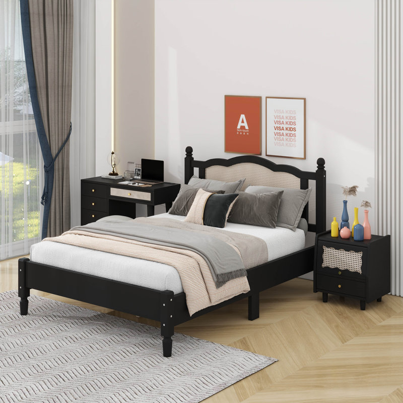 Ensemble de chambre à coucher 3 pièces avec cadre de lit en bois, 1 table de chevet rétro et 1 coiffeuse de maquillage avec tabouret
