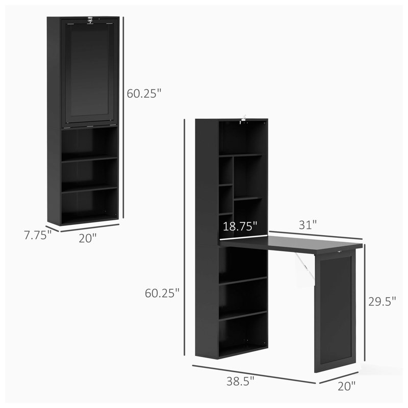 Bureau mural convertible pliable en pin massif et MDF, dimensions : 98 cm (L) x 51 cm (P) x 153 cm (H)