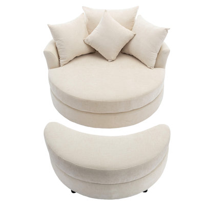 Orisfur. 360° Swivel Accent Barrel Chair With Storage Ottoman & 4 Pillows, Modern Chenille Leisure Chair Round Accent For Living Room, Cream