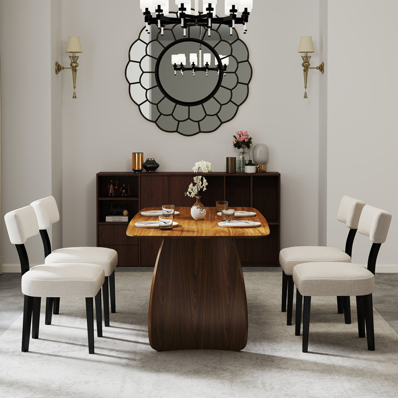 Dining Set, Mid-Century Modern Wooden Table & Upholstered Chair Set For Home, Kitchen, Dining Room, 5 Pieces: Table, 4 Chairs
