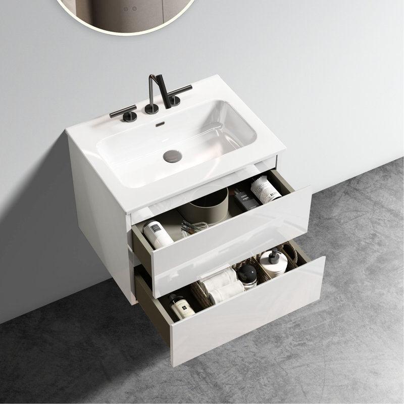 Meuble-lavabo blanc brillant 24 po à fixer au mur - évier en céramique 3 trous de robinet, espace de rangement abondant, installation silencieuse et abondante,