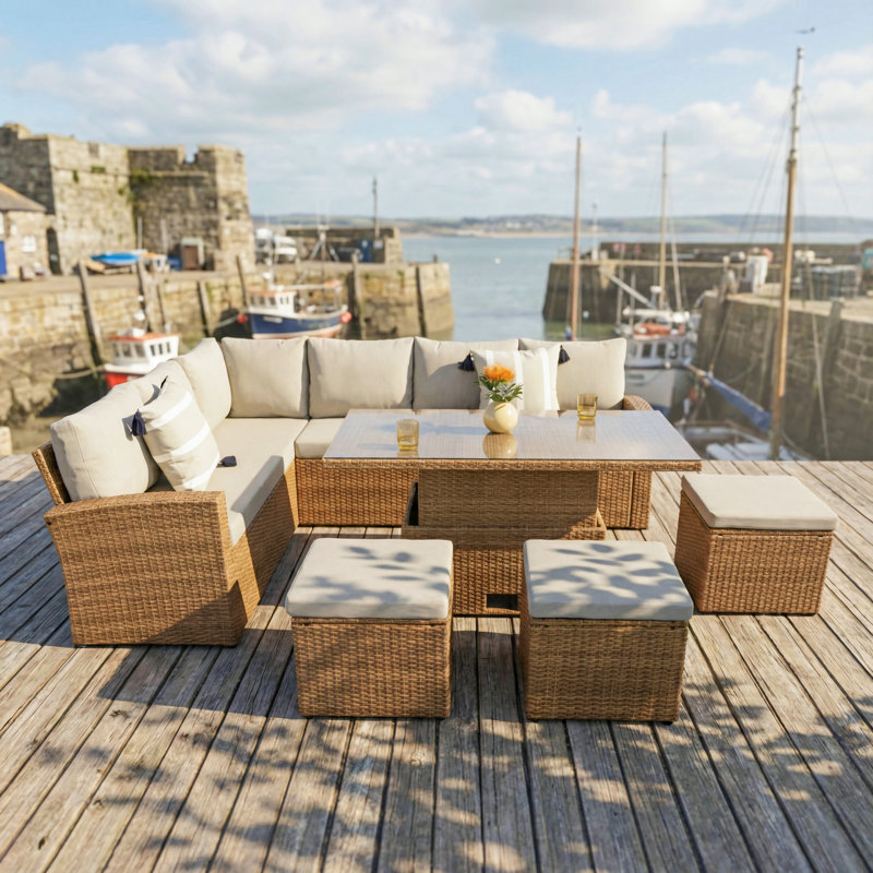 Pelias - Rattan Corner Sofa Set With Rising Table - 8 Seats, Brown, Grey