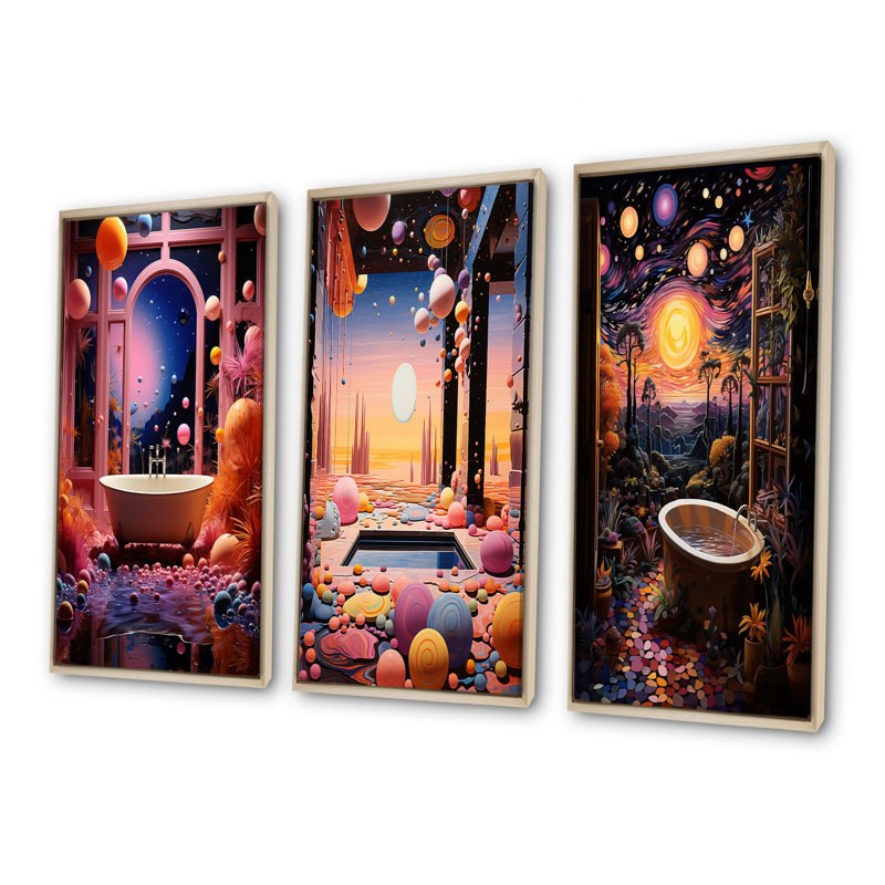 «Celestial Dream Bathroom I», ensemble d'art mural sur toile 3 pièces, H 28 po x l 36 po, Cadre flottant brun