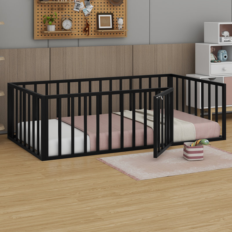 Haryuvraj Floor Bed Frame with Fence and Door, Black, Twin