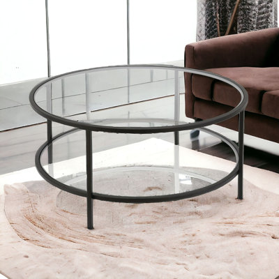 Ceno 36" Glass And Steel Round Coffee Table With Shelf