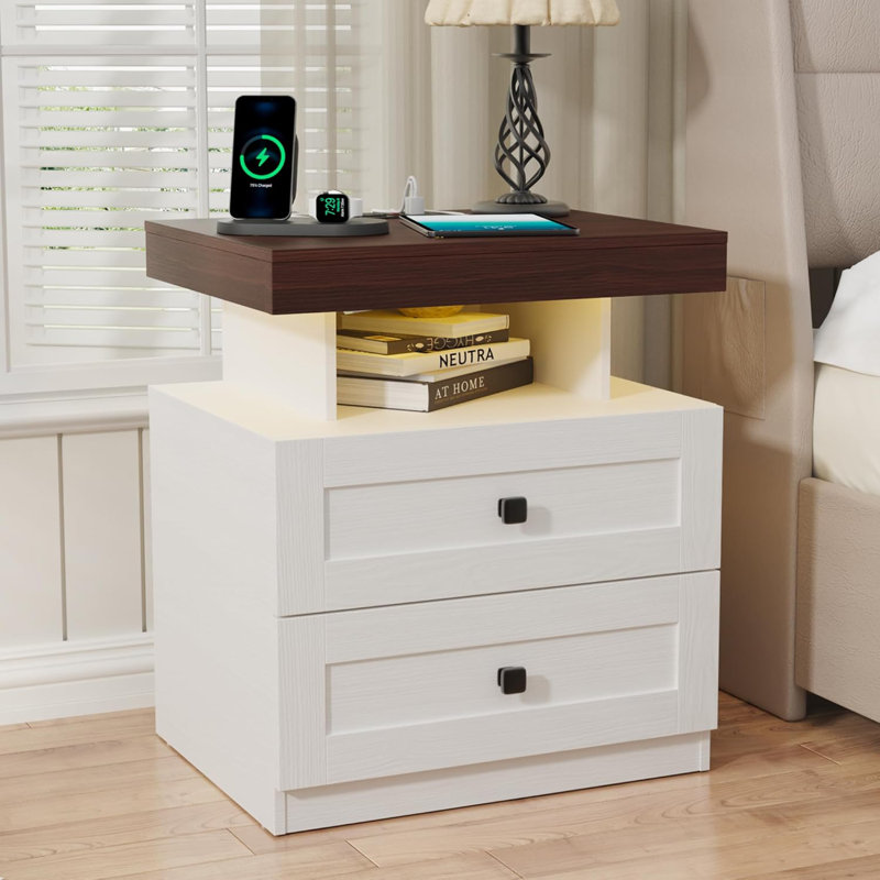 Farmhouse LED Nightstand With Charging Station, Bedroom Side Table With Drawers, Rustic End Table For Bedroom, Antique White