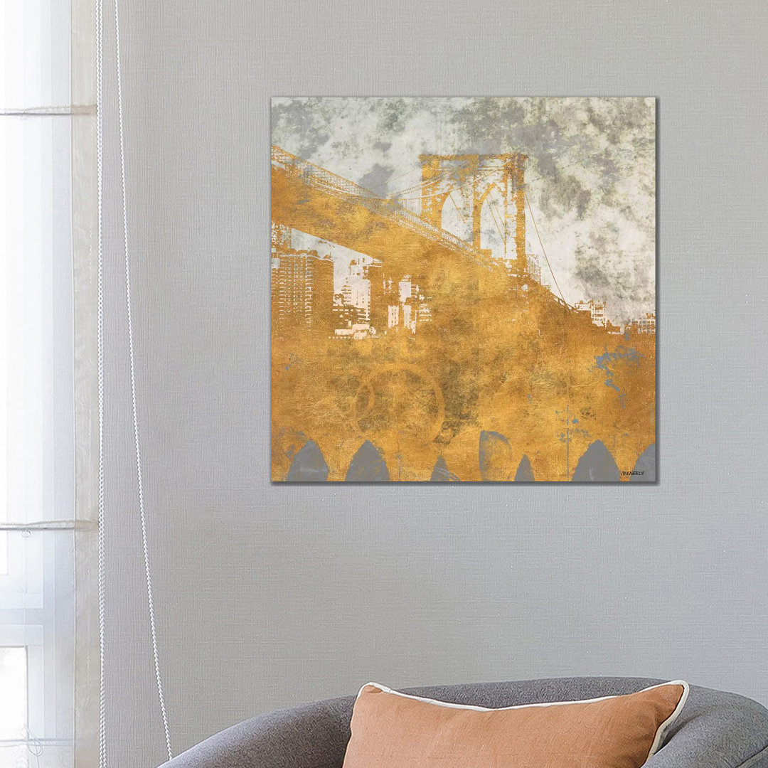 NY Gold Bridge At Dusk I von Dan Meneely - Galerie-umwickelte Leinwand Giclée auf Leinwand