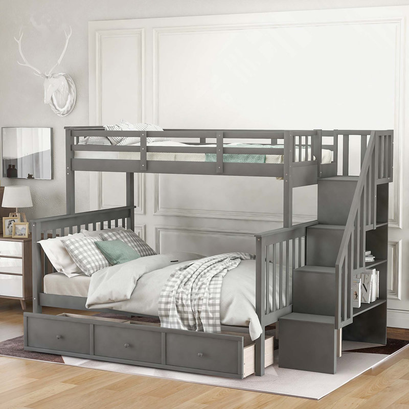 Lit superposé simple au-dessus d'un lit double avec tiroir, garde-corps et escalier pour chambre à coucher, dortoir, pour adultes