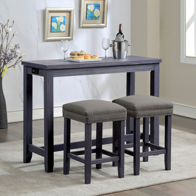 Ensemble de table de salle à manger 3 pièces 1X Table 2X Tabourets Siège rembourré Garniture cloutée Port USB et prise de courant Finition bleu et gris antique