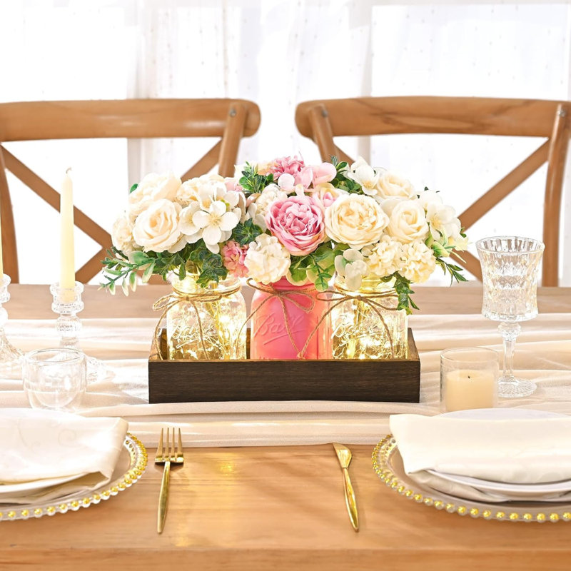 Centre de table 3 pièces Mason Rose avec plateau en bois