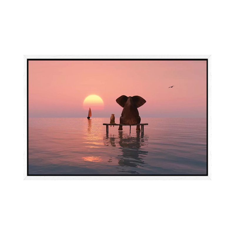 Elephant and Dog Sitting in the Sea 1 Piece Wrapped Canvas Wall Art, 66.04 cm H x 45.72 cm W, White Framed Canvas