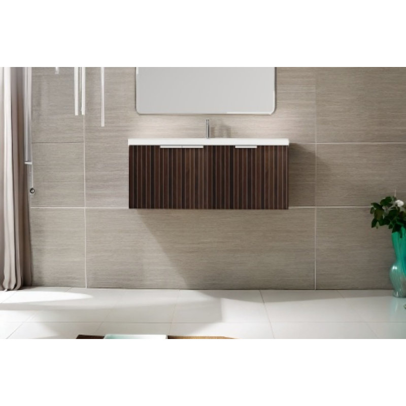 Meuble-lavabo mural 48 po avec lavabo en résine, portes à fermeture en douceur, rayures argentées et brun, armoire de salle de bain flottante et résistante aux rayures et à l'eau
