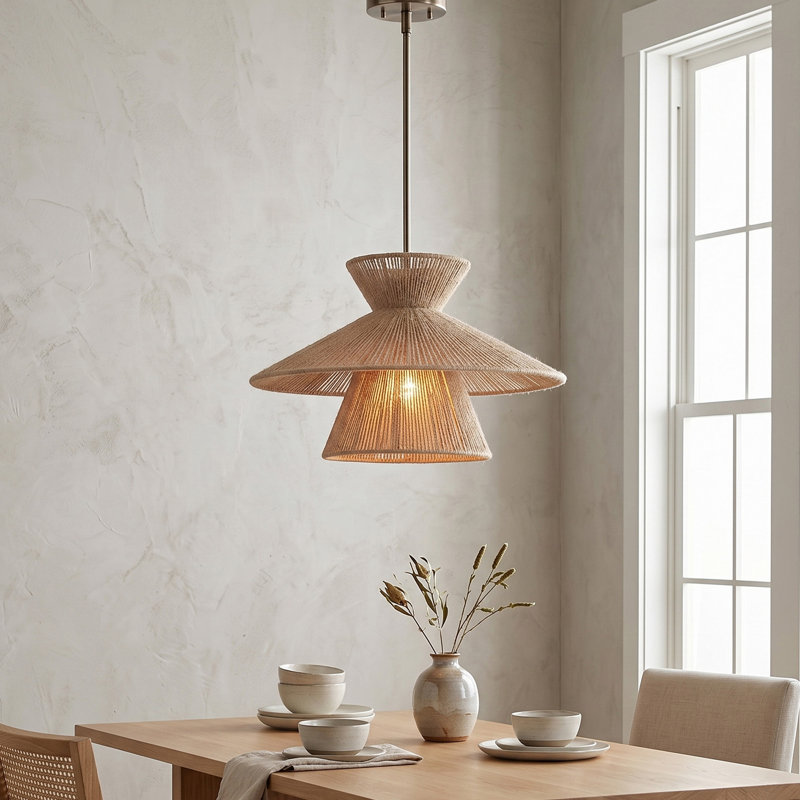 1-Light Double-Tiered Geometric Jute Rope Pendant, Boho Rattan-Style Organic Modern Hanging Light, Antique Brass